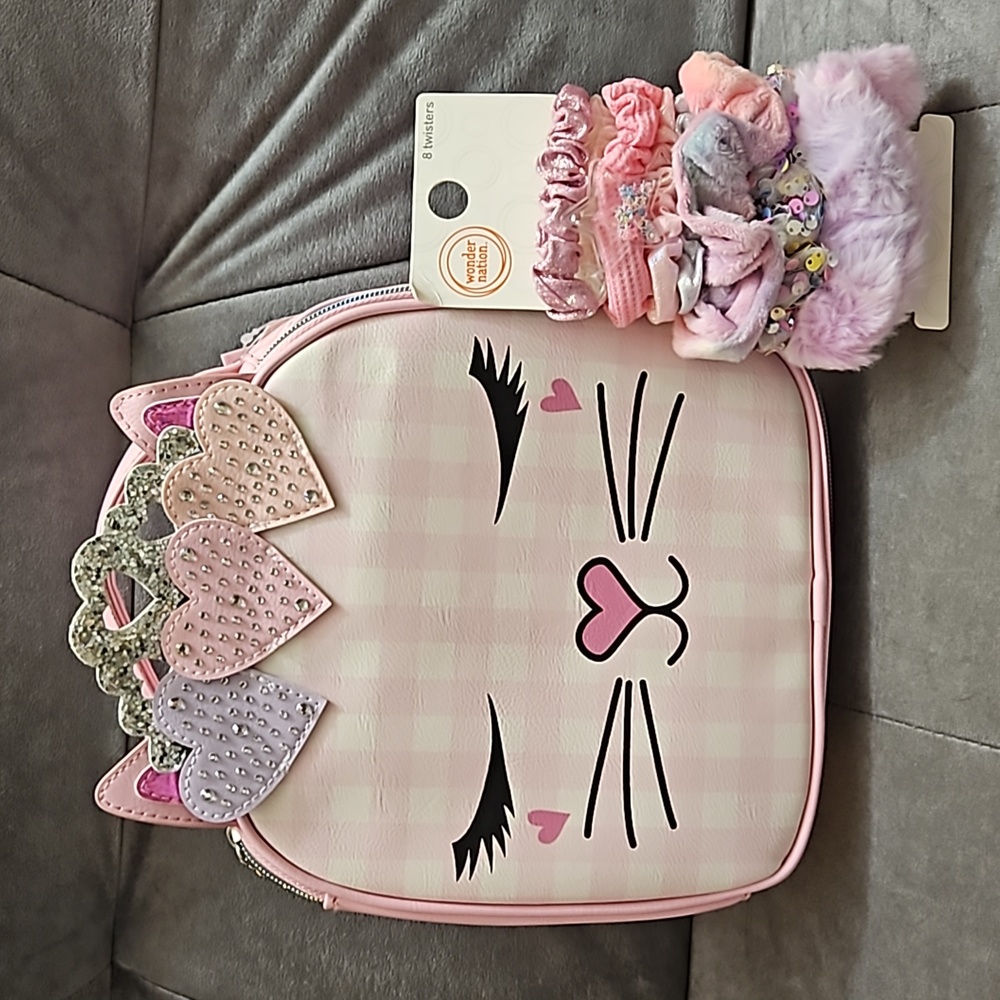 NWT. OMG Accessories Cat Girl's Lunch Bag & Fashion Hair Scrunchies Twisters
